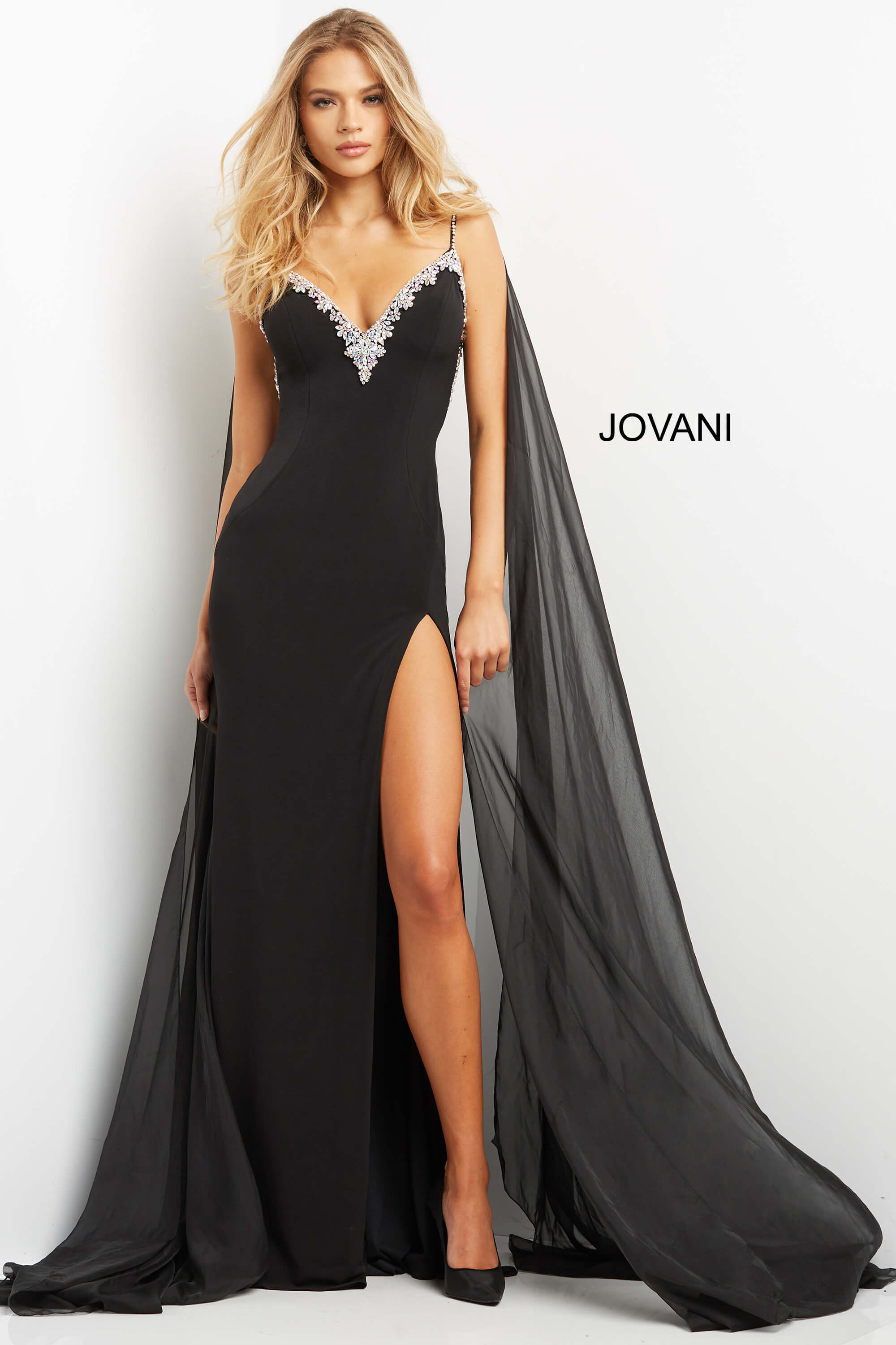 Jovani 08022 Black Low Embellished Back Sheath Dress 